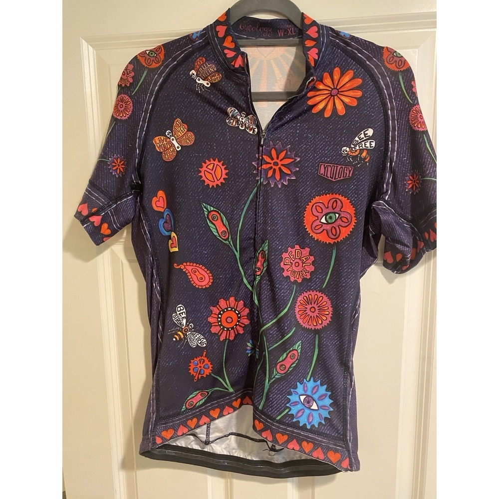 Cycology Cycling Women's Boho Denim Short Sleeve Bike Top XL Multicolor Flowers